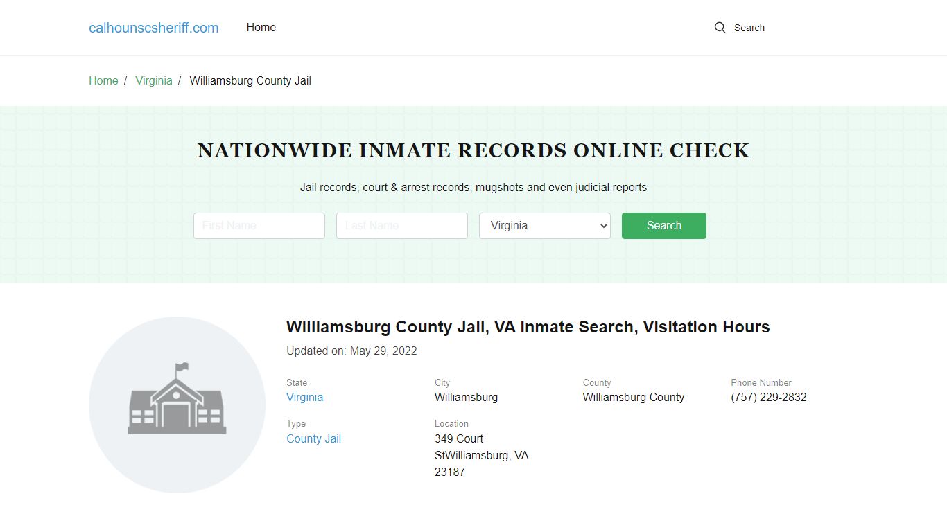 Williamsburg County Jail , VA Inmate Search, Visitation Hours