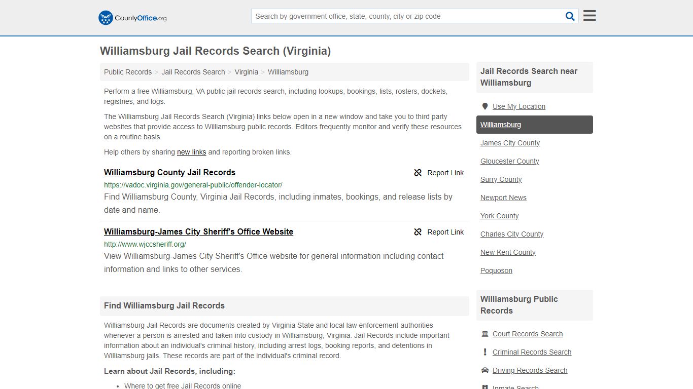Williamsburg Jail Records Search (Virginia) - County Office